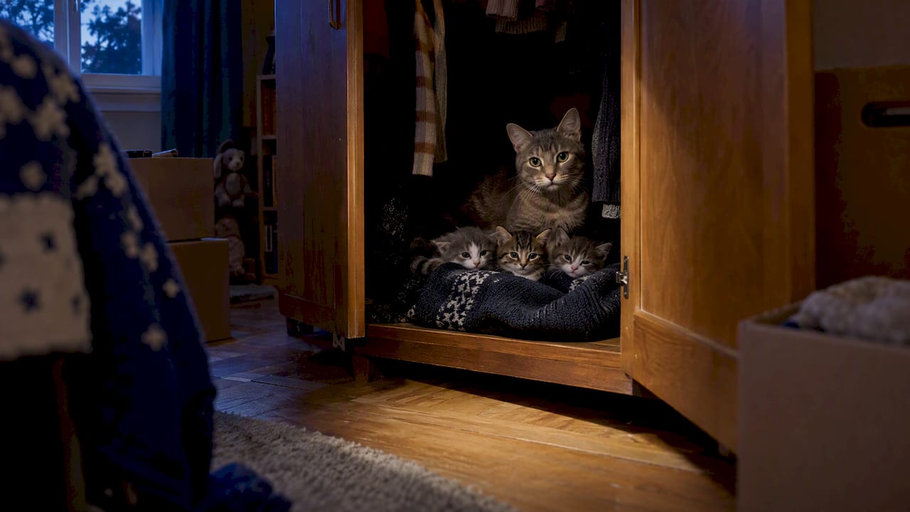 Eine graue Katze mit drei Kätzchen im Schrank