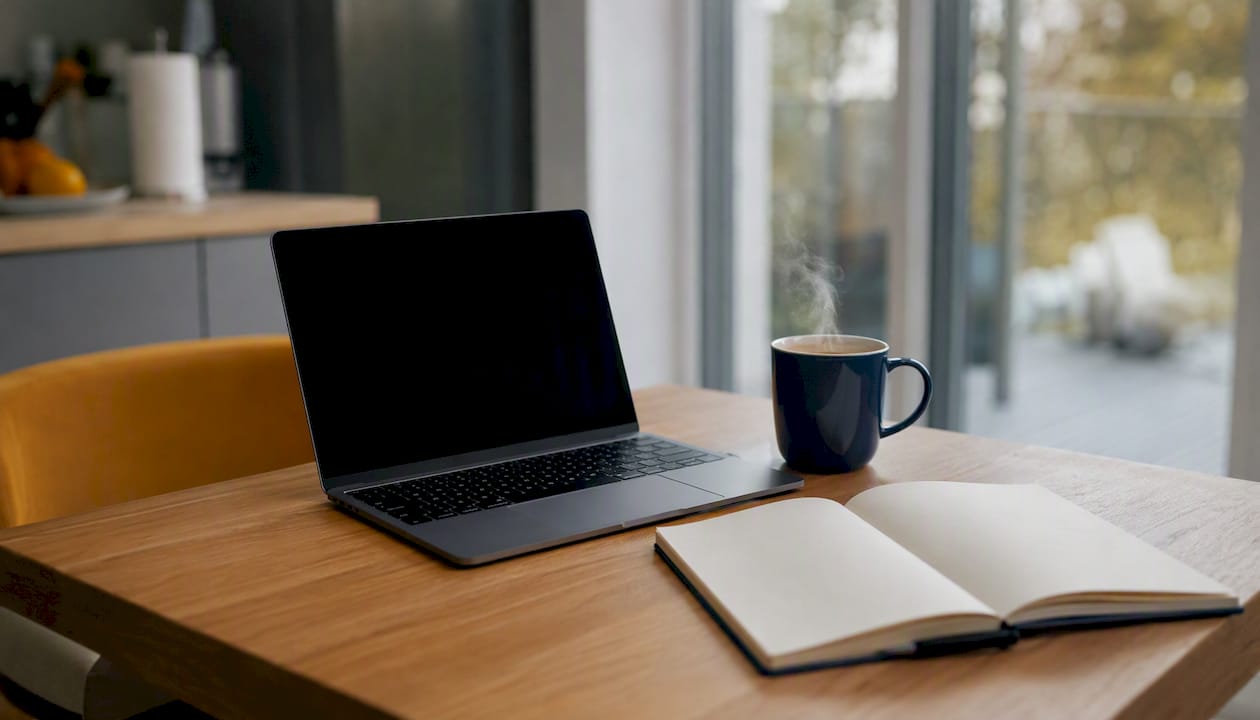 Ein Schreibtisch zum Lernen, ausgestattet mit Laptop, einer Tasse Kaffee und einem Notizbuch.