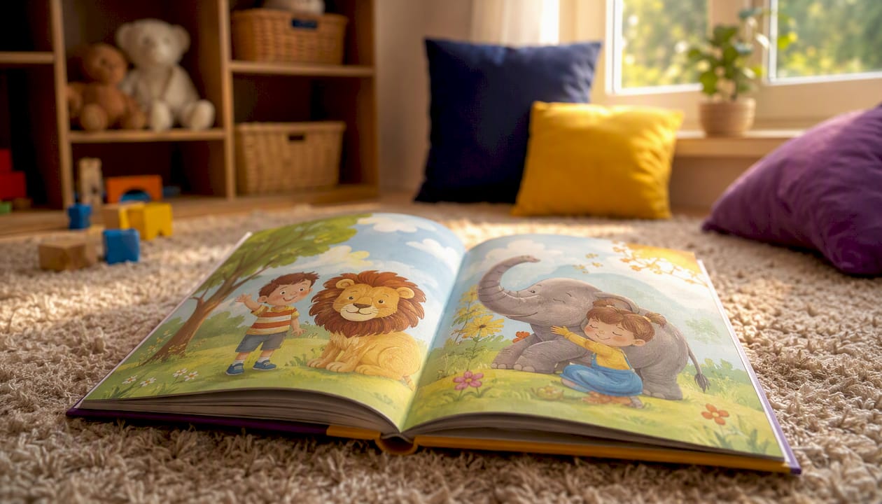 Bunte Bilderbuchseiten liegen offen und zeigen ihre detailreichen Illustrationen aus nächster Nähe.