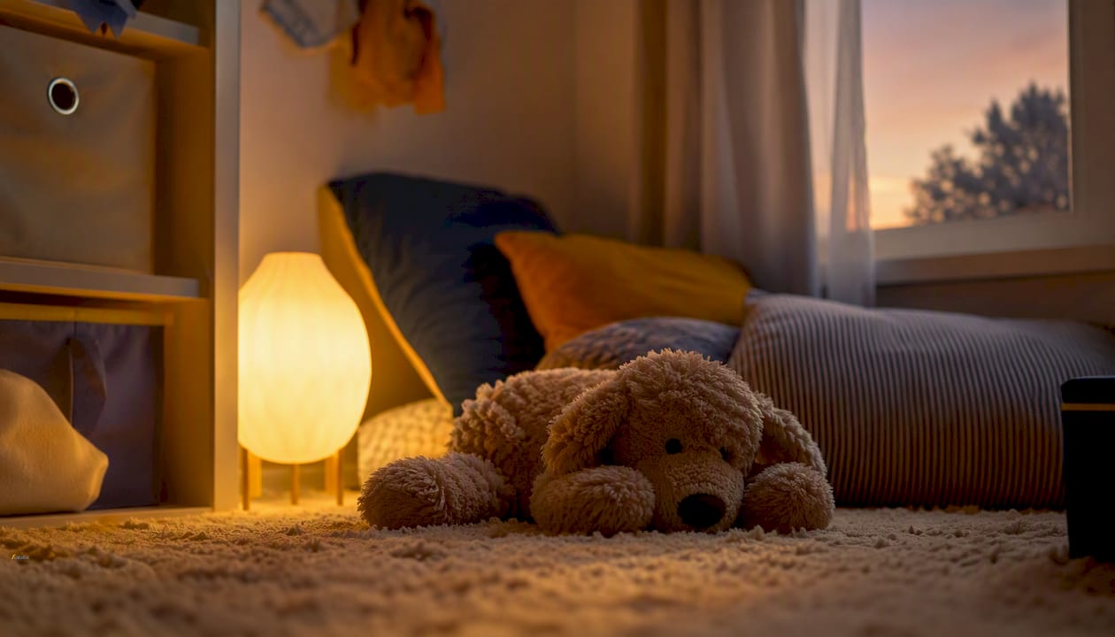Gemütliche Kuschelecke im Kinderzimmer mit Stofftier und sanftem Nachtlicht