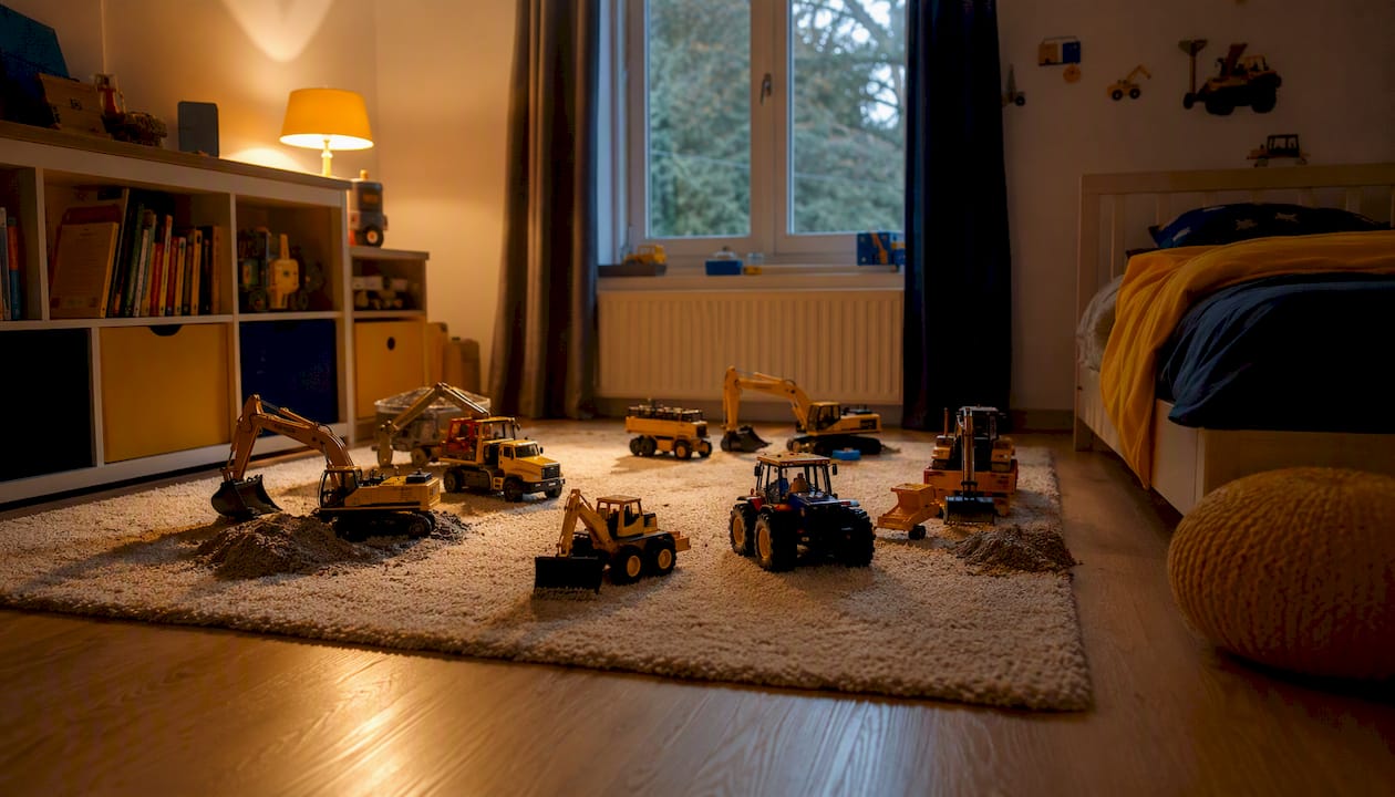 Bau-Spielzeugfahrzeuge ruhen im Kinderzimmer