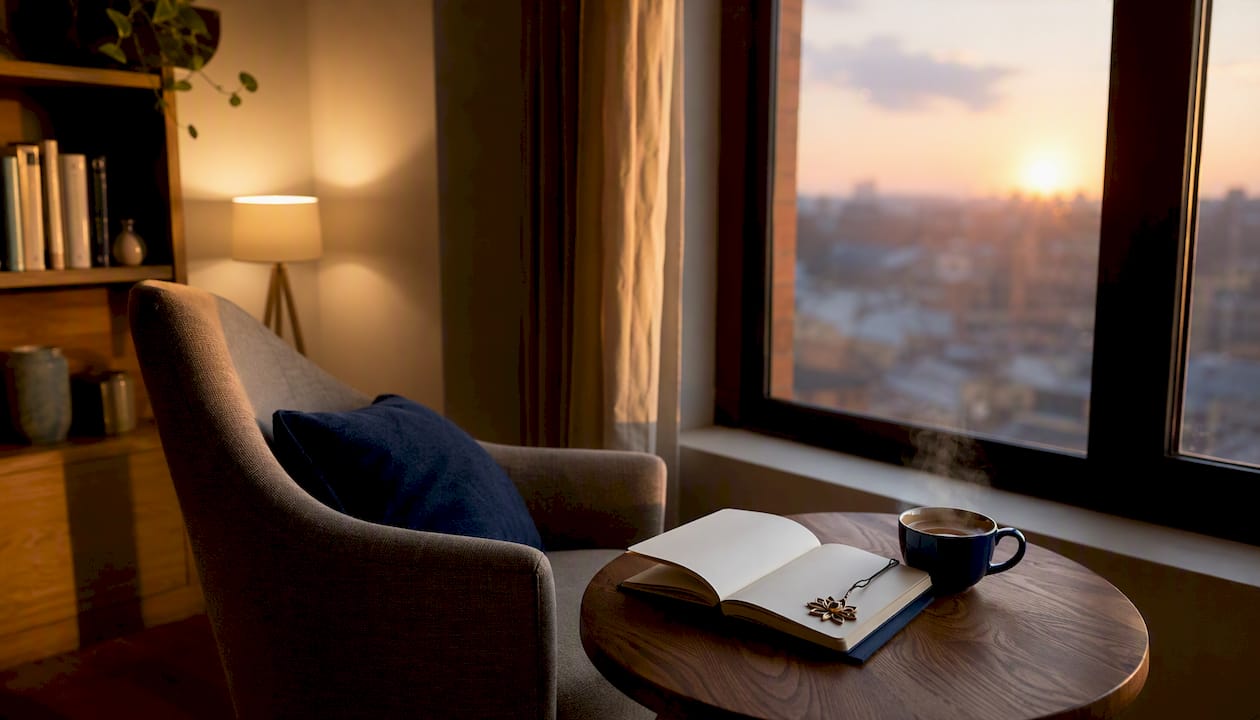 Ein gemütlicher Leseplatz mit einem guten Buch und einer Tasse Tee – der perfekte Rückzugsort für entspannte Stunden.