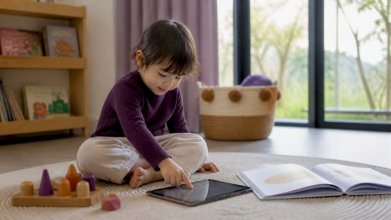 Ein Tablet mit Kopfhörern im Kinderzimmer – so können Kinder in ihrer eigenen Welt spielen, lernen oder Musik hören, ohne andere zu stören.