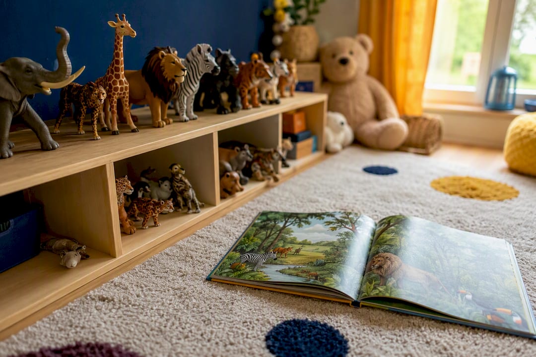 Spielzeugtiere und ein Bilderbuch im Kinderzimmer