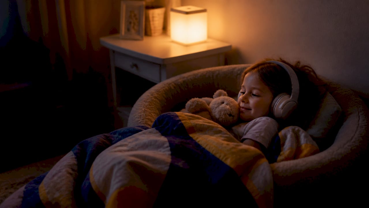 Kind hört mit Kopfhörern eine Einschlafgeschichte im Bett