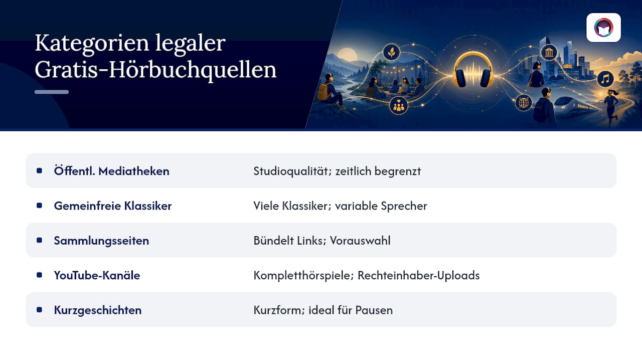 Diagramm der Kategorien kostenloser legaler Hörbuchquellen