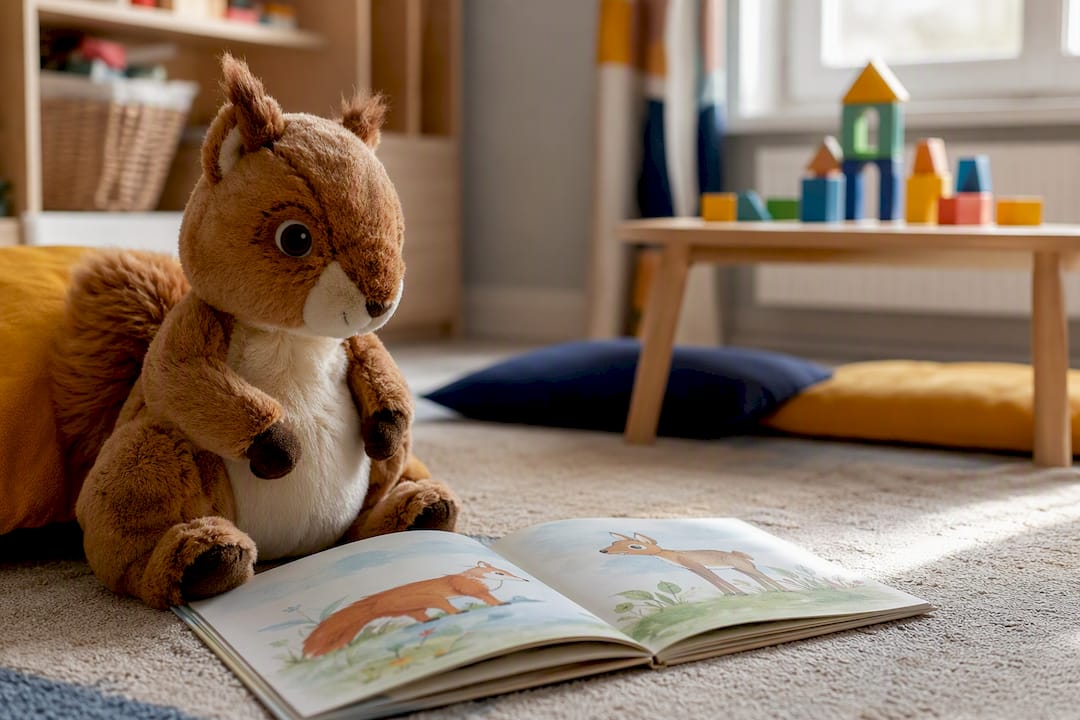 Igel-Spielzeug und Tiergeschichtenbuch auf dem Kinderbett