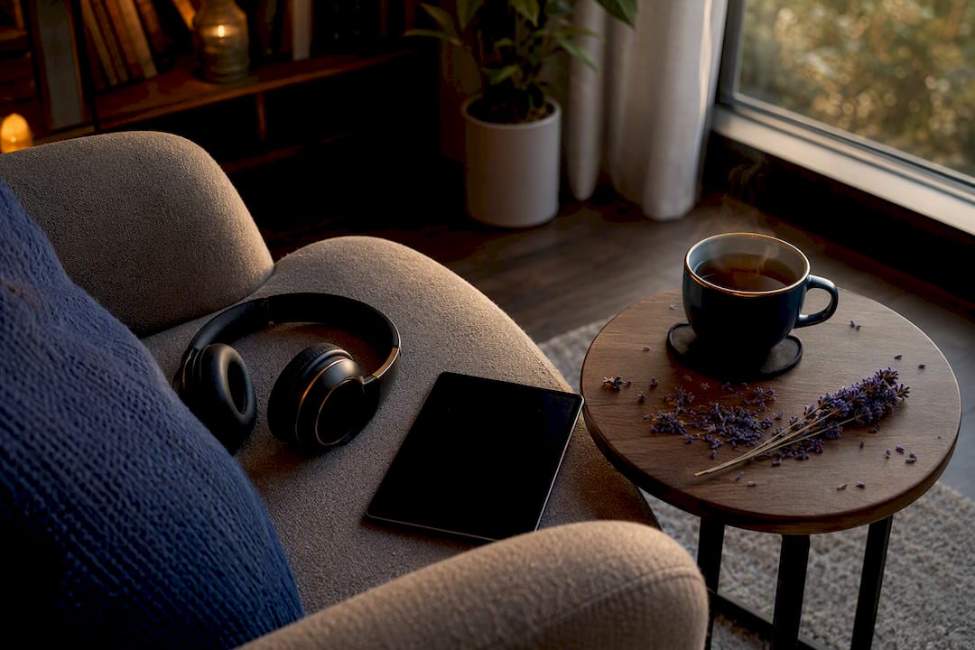Kopfhörer und Tablet zum Hören von Hörbüchern im Wohnzimmer