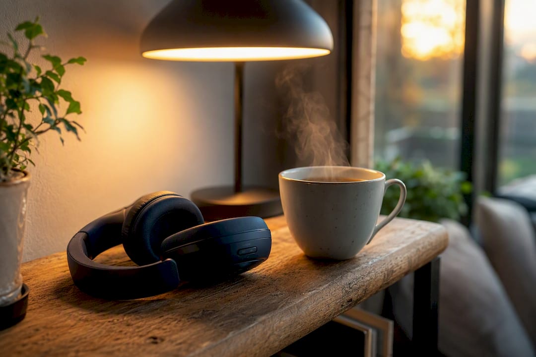 Kopfhörer und Lampe auf dem Tisch für konzentriertes Hören