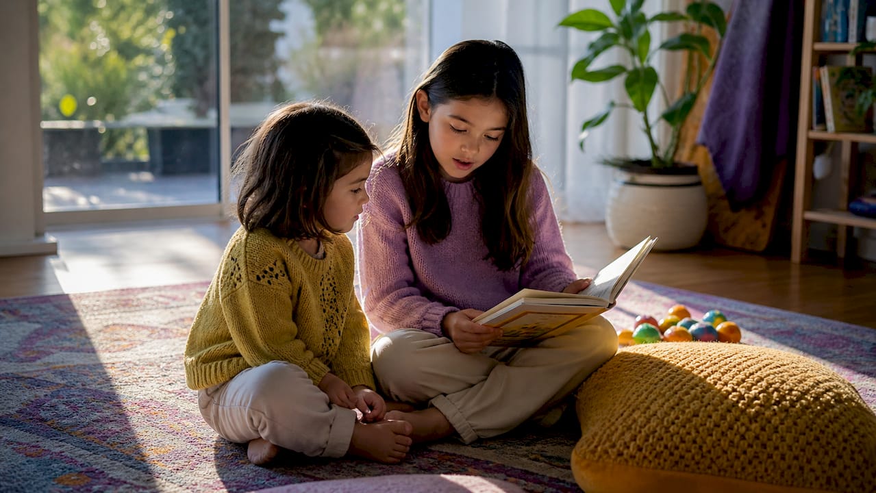Zwei Personen lesen und hören gemeinsam