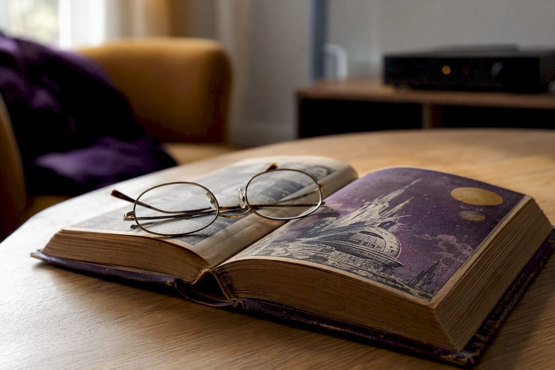 Klassisches Science-Fiction-Buch und Lesebrille auf dem Tisch