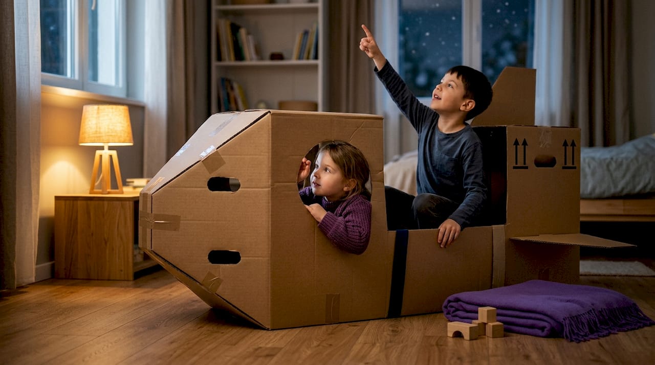 Kinder spielen mit einem selbst gebastelten Raumschiff aus Karton