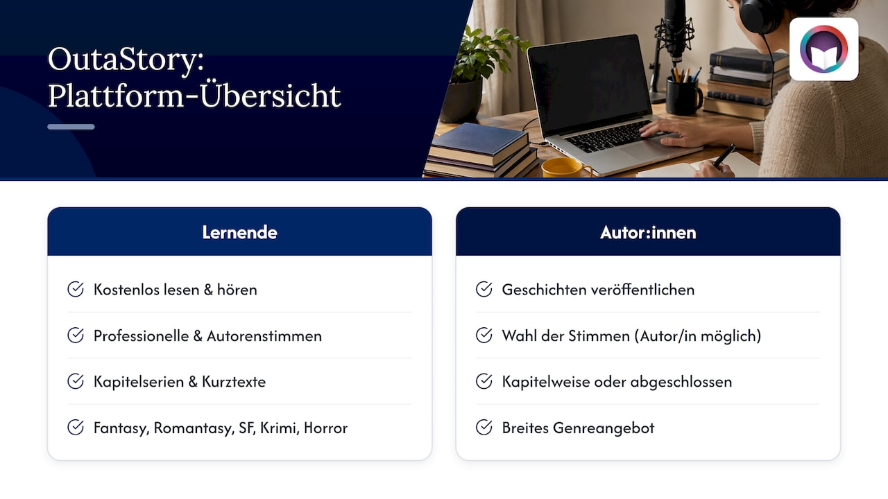 OutaStory: Praxisbeispiel einer Plattform für Kurzgeschichten mit Audio — overview diagram