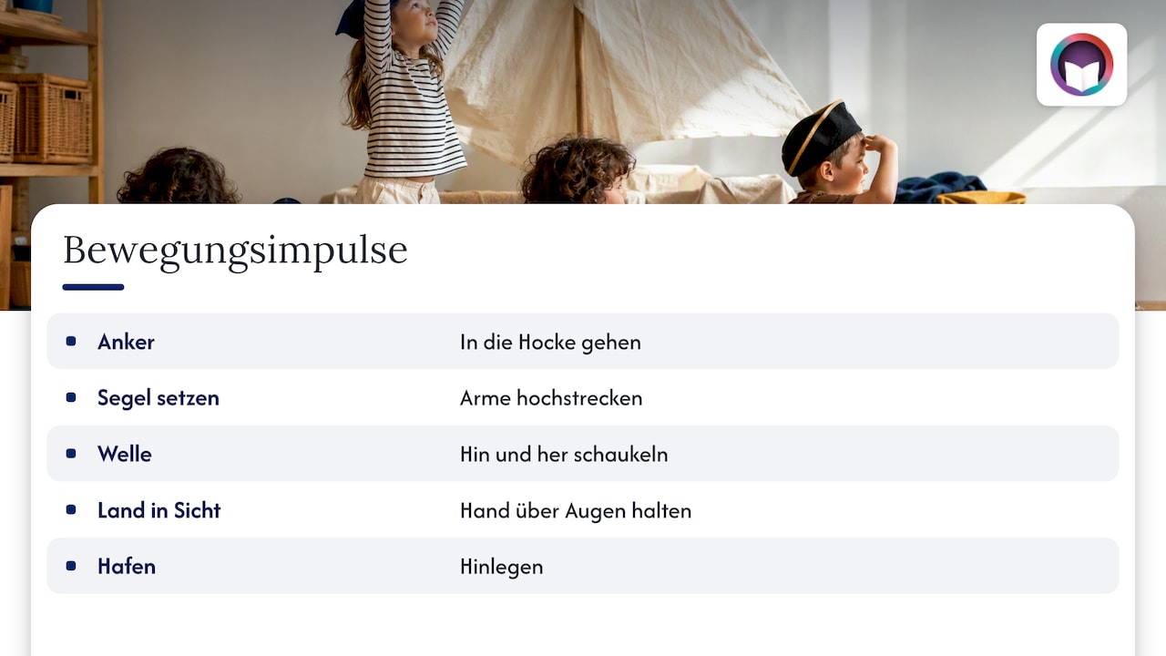 Fünf Piratenwörter mit passenden Bewegungen